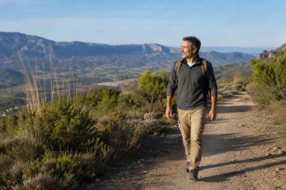 Carlos caminando por un sendero al aire libre en una mañana despejada