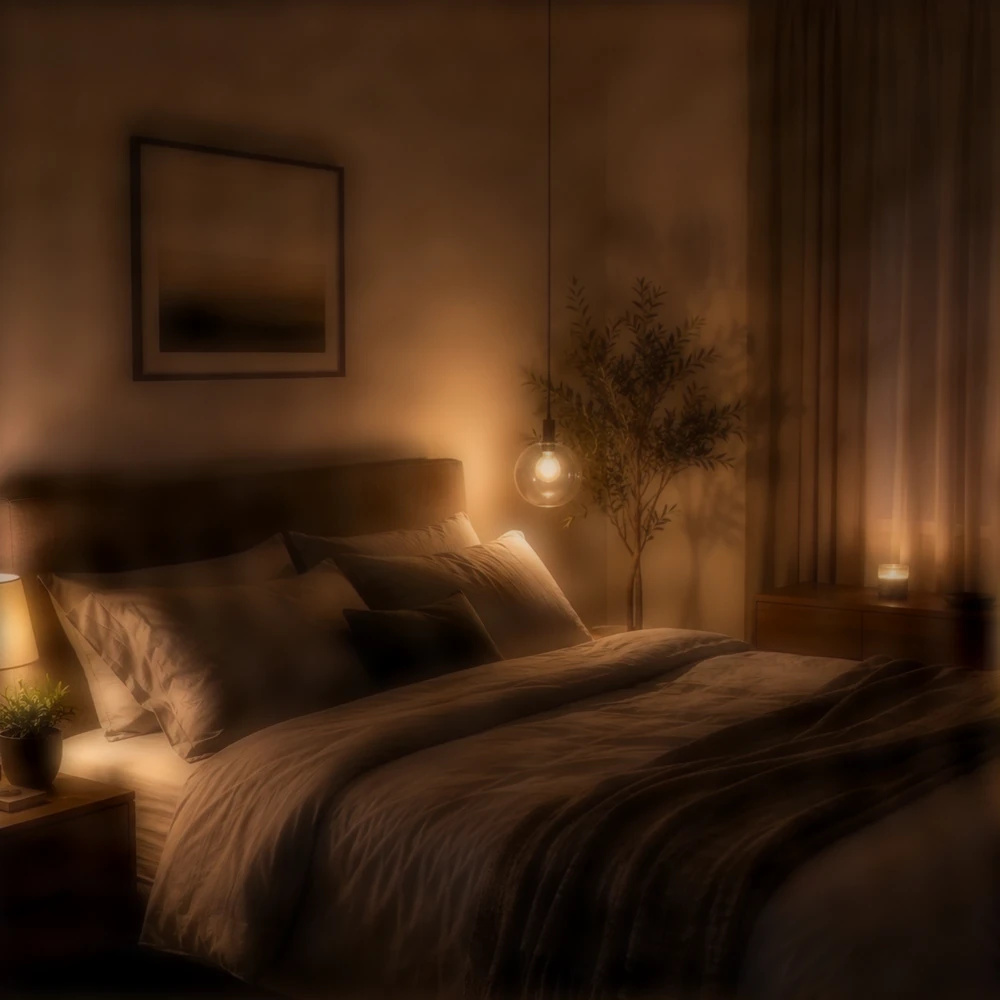 Dormitorio sobrio con luz tenue, preparado para descansar