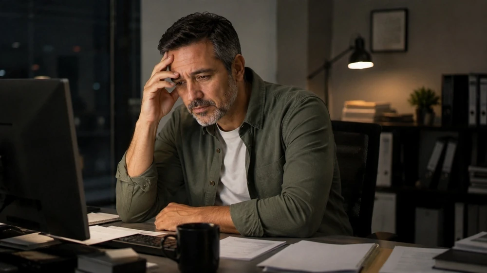 Hombre trabajando durante muchas horas frente a un escritorio de oficina